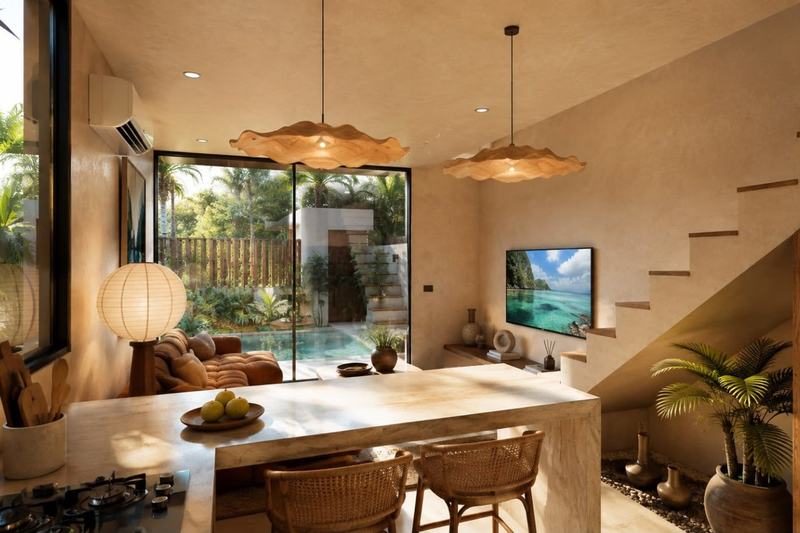 Nunggalan Beach Villas: kitchen opening onto the pool