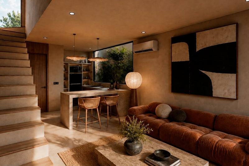 Nunggalan Beach Villas: living room with stairs to the upper floor