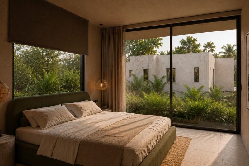 Nunggalan Beach Villas: bedroom with a full-height window to the garden