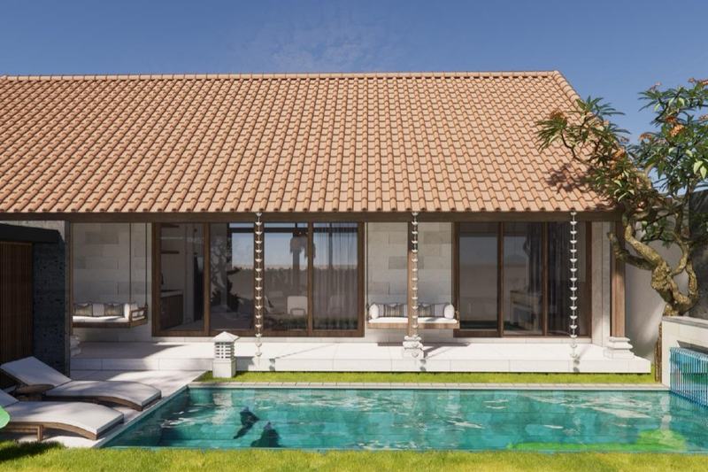 Balinese-style villa, Nusa Dua (render): pool in front of the tiled-roof house