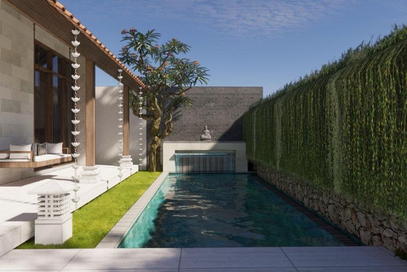 Balinese-style villa, Nusa Dua (render): pool along a wall of climbing plants