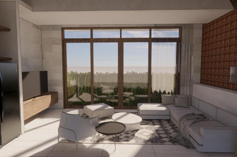 Balinese-style villa, Nusa Dua (render): living room with a sofa and floor-length windows