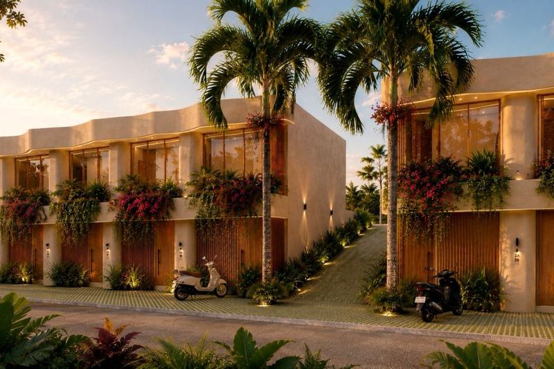 One-bedroom villa in Nyang Nyang: villa fronts in greenery along the lane, render