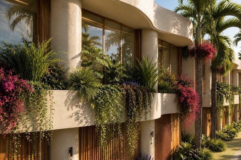 One-bedroom villa in Nyang Nyang: facade with planted balconies, render