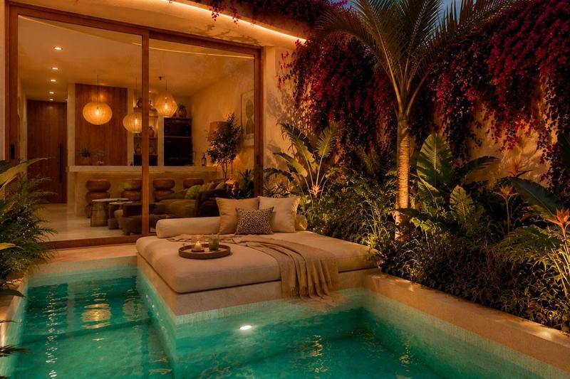 One-bedroom villa in Nyang Nyang: inner courtyard at night, render