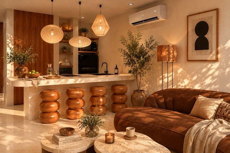 One-bedroom villa in Nyang Nyang: living room with a kitchen counter, render
