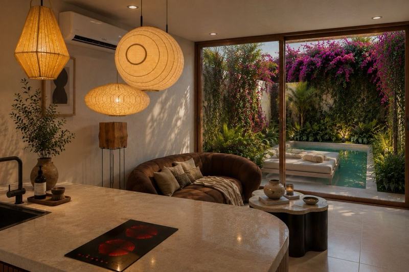One-bedroom villa in Nyang Nyang: kitchen opening to the courtyard, render
