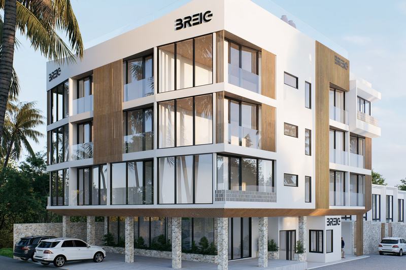 Oasis III: white four-story building with timber louvers, corner view (rendering)