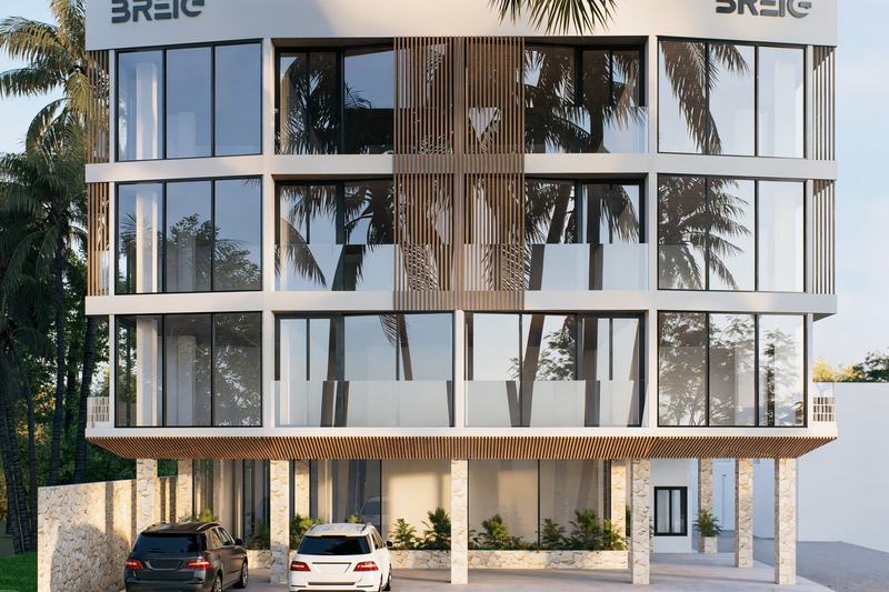 Oasis III: facade with large windows and parking (rendering)