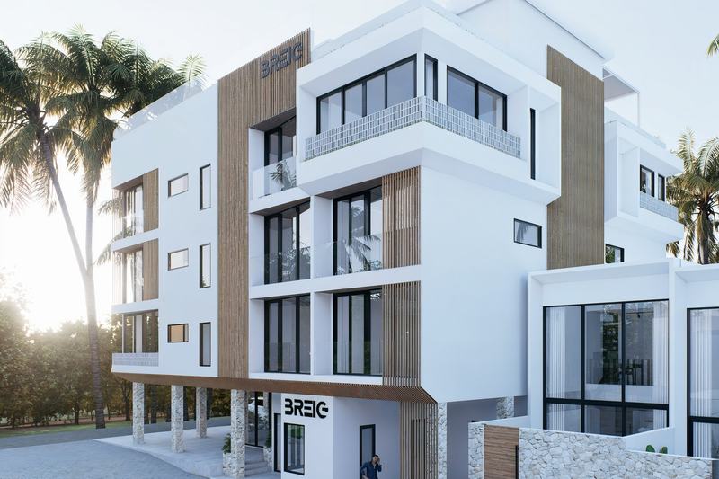 Oasis III: apartment building and townhouses against the sun (rendering)