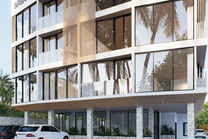 Oasis III: apartment glazing behind timber louvers (rendering)