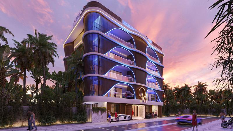 OM Club House: facade with curved balconies at sunset, render