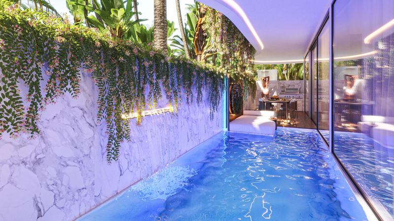 OM Club House: private pool in a lower-level courtyard, render