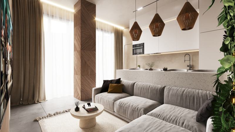 OM Club House: sofa and open kitchen in a one-bedroom, render
