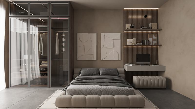 OM Club House: bed next to a glass wardrobe, render