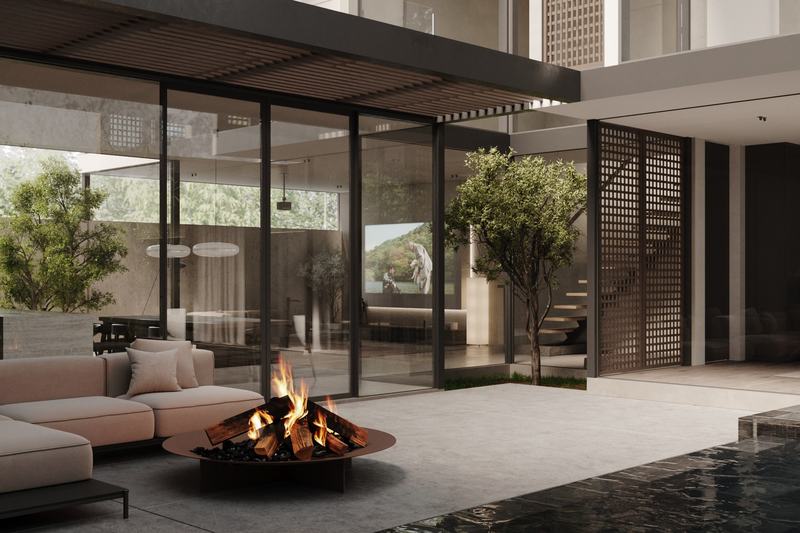 ONSIDER by FEEELS: poolside terrace with fire pit and open living room, render