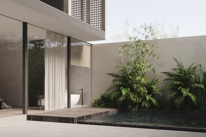 ONSIDER villa 4: pool beside a glass facade and garden, render