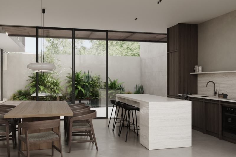 ONSIDER villa 4: island kitchen with doors to the garden, render