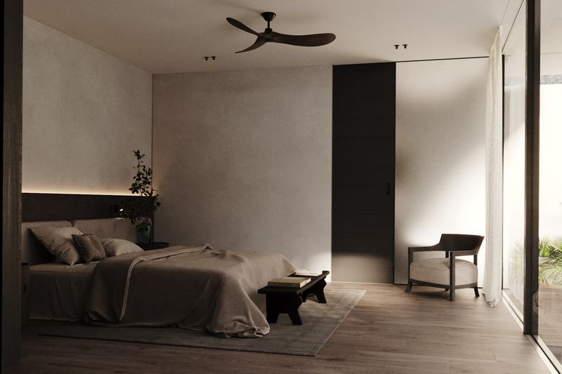 ONSIDER villa 4: bedroom under a ceiling fan, render