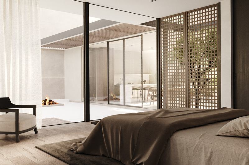 ONSIDER villa 4: bedroom behind a wooden lattice, pool view, render
