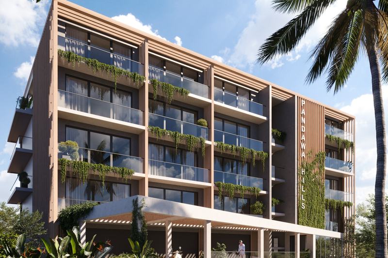 Pandawa Hills: studio block facade with planted balconies, developer's render
