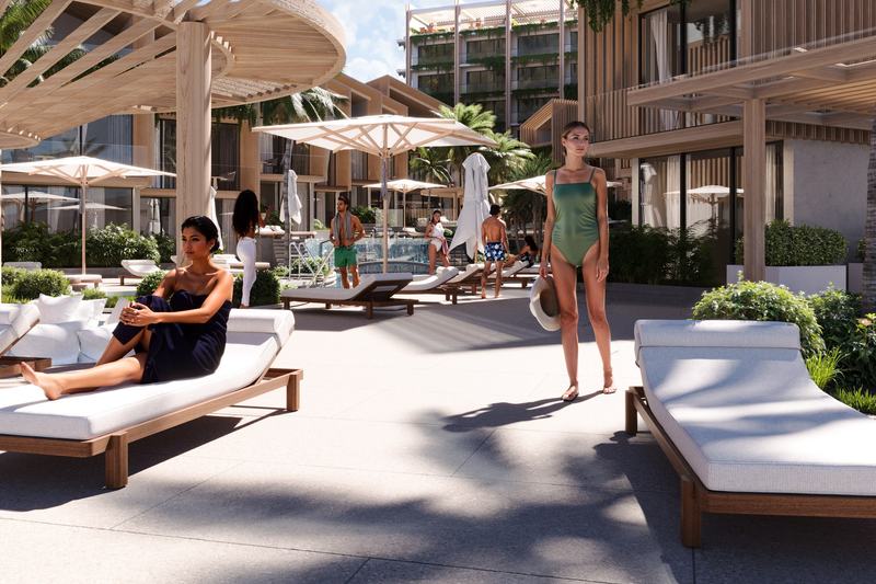Pandawa Hills: loungers and shades by the pool, developer's render