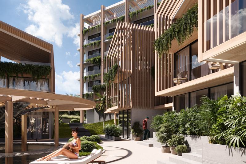 Pandawa Hills: buildings and a lounge area by the water, developer's render