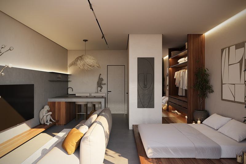 Pandawa Hills: studio with living area, bed and wardrobe in one room, developer's render
