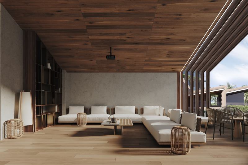 Pandawa Hills: open living room by the terrace in a 3-bedroom villa, developer's render