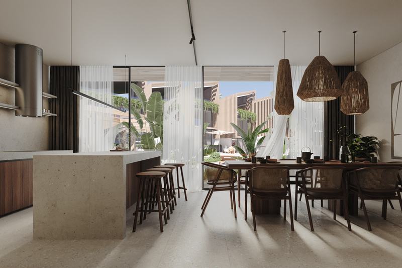 Pandawa Hills: kitchen and dining area with an island in a 2-bedroom villa, developer's render