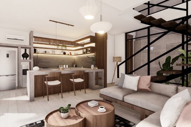 One-bedroom villa in Pecatu, render: living room and kitchen