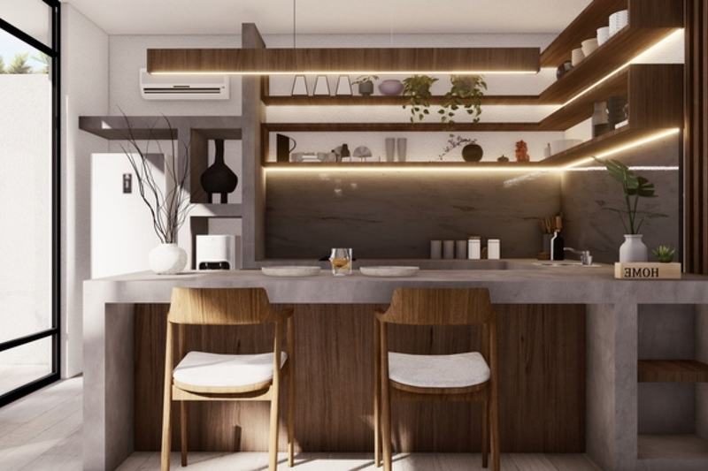 One-bedroom villa in Pecatu, render: kitchen with a breakfast bar
