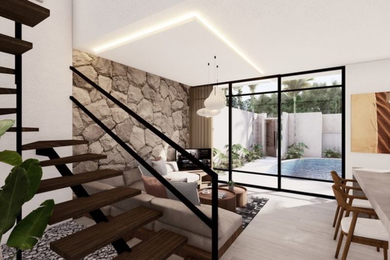 One-bedroom villa in Pecatu, render: open staircase above the living room