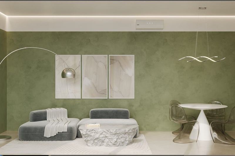PRANA Virgin Quiet: living room with a green wall and dining table, developer's render