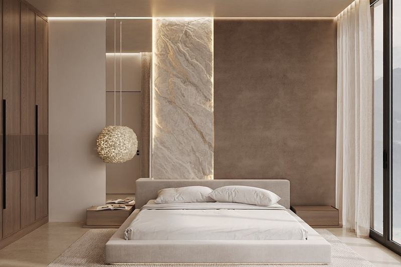 PRANA Virgin Quiet: bedroom with a marble headboard, developer's render