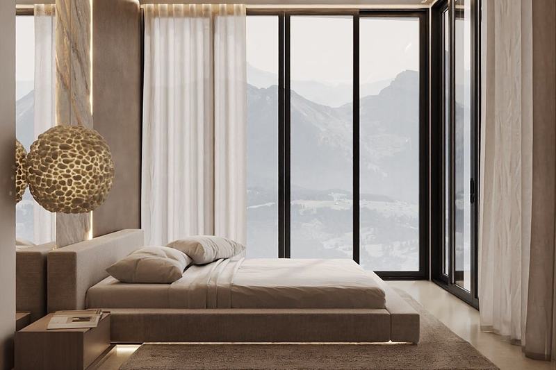 PRANA Virgin Quiet: bedroom with a floor-to-ceiling window onto the hills, developer's render