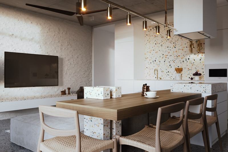 Kitchen island and dining table in the 69.5 m² apartment, developer's render