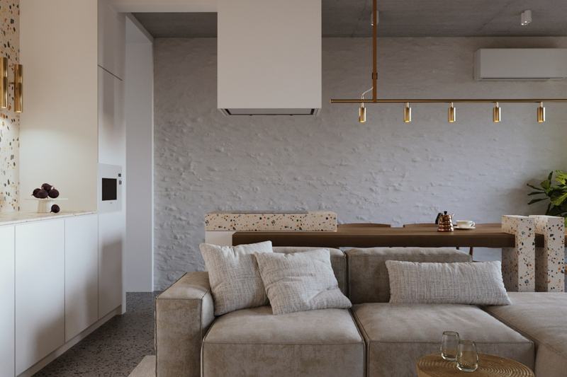 Sofa by the full-height living room window, 69.5 m² apartment, developer's render