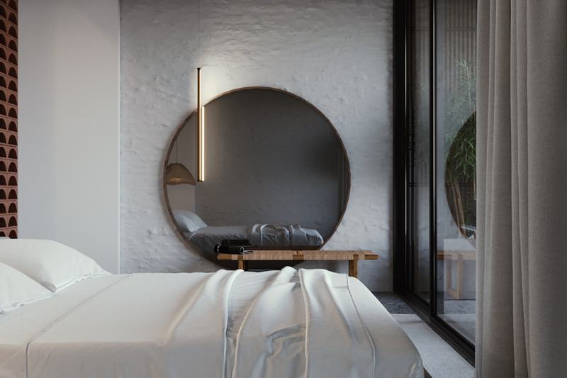 Bedroom with a round mirror and dressing table, 69.5 m² unit, developer's render