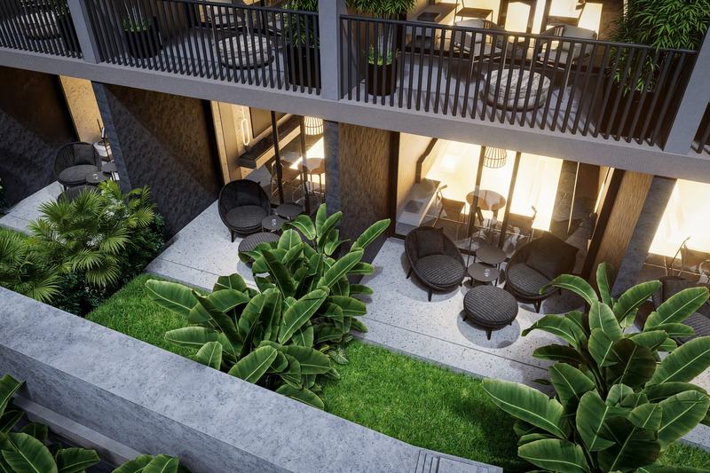 PREDMET.CEMAGI: unit terraces with plants and small tables, developer's render
