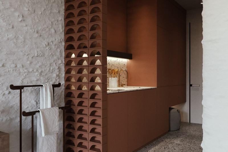 Aneks kuchenny wpisany w surową cegłę w studiu 25,7 m², wizualizacja dewelopera