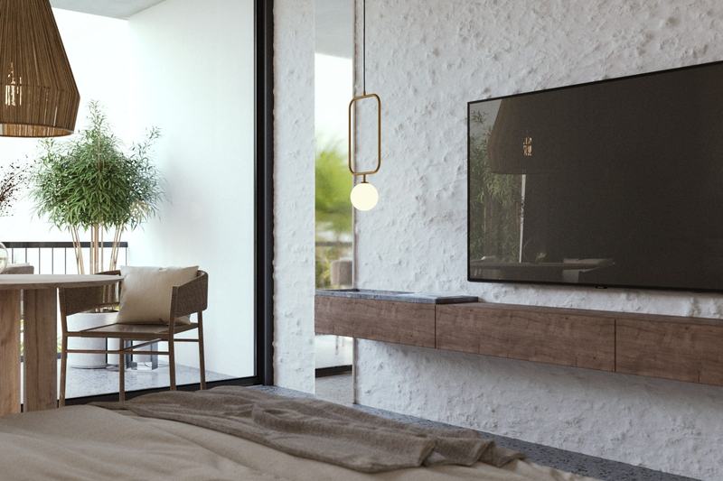 Strefa sypialna z telewizorem na białej ścianie, studio 25,7 m², wizualizacja dewelopera