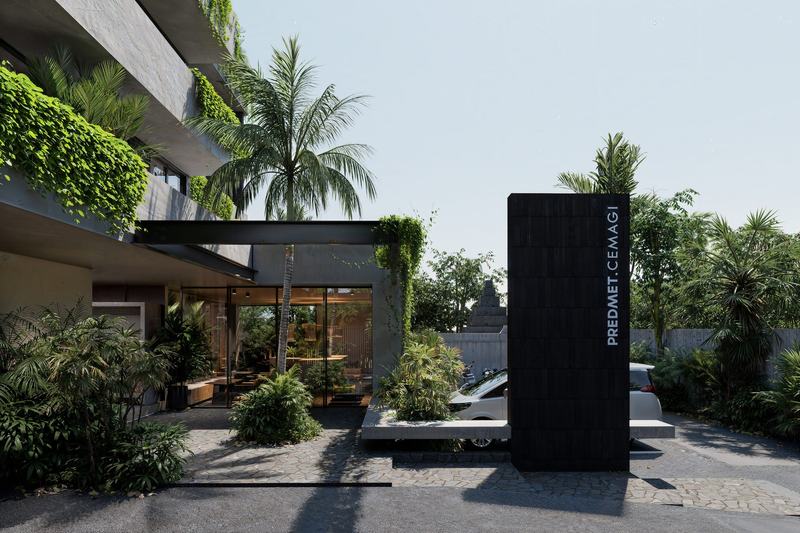 PREDMET.CEMAGI: entry drive and the sign at the gate, developer's render