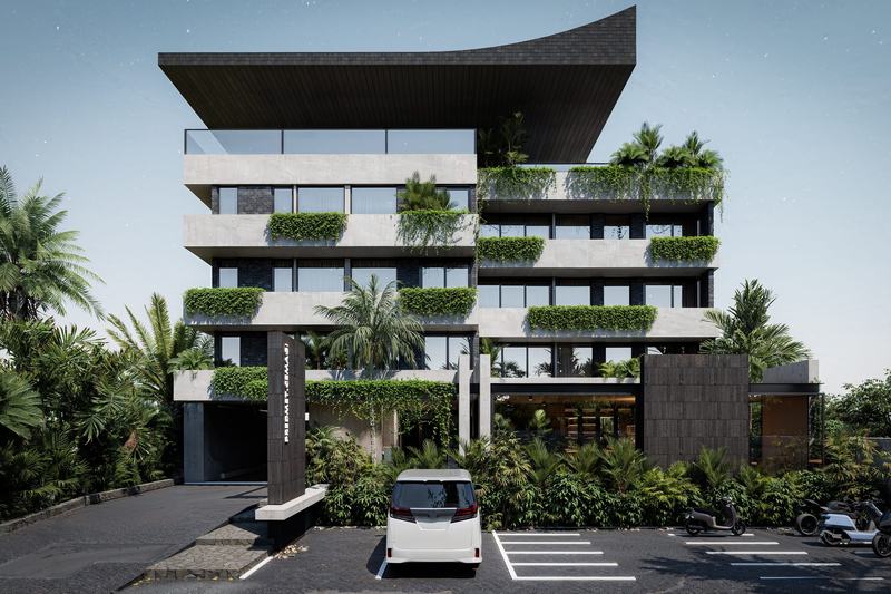 PREDMET.CEMAGI: facade with planted terraces and the entrance, developer's render