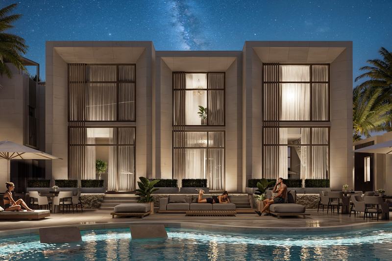 Ramada Encore: townhouses by the pool in the evening, developer's render