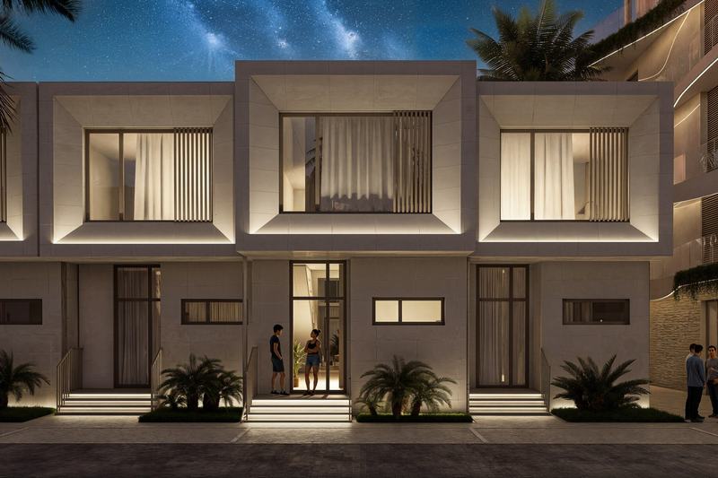 Ramada Encore: townhouse facades at night, developer's render