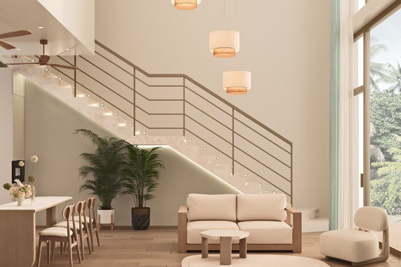 Ramada Encore: double-height living room and staircase, developer's render