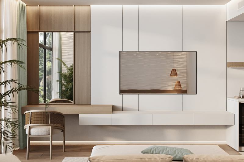 Ramada Encore Superior apartment: desk and TV corner, developer's render