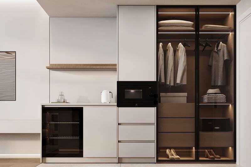 Ramada Encore Superior apartment: kitchenette and wardrobe, developer's render