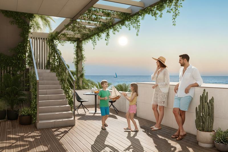 Ramada Encore 3BR villa: terrace at sunset, developer's render
